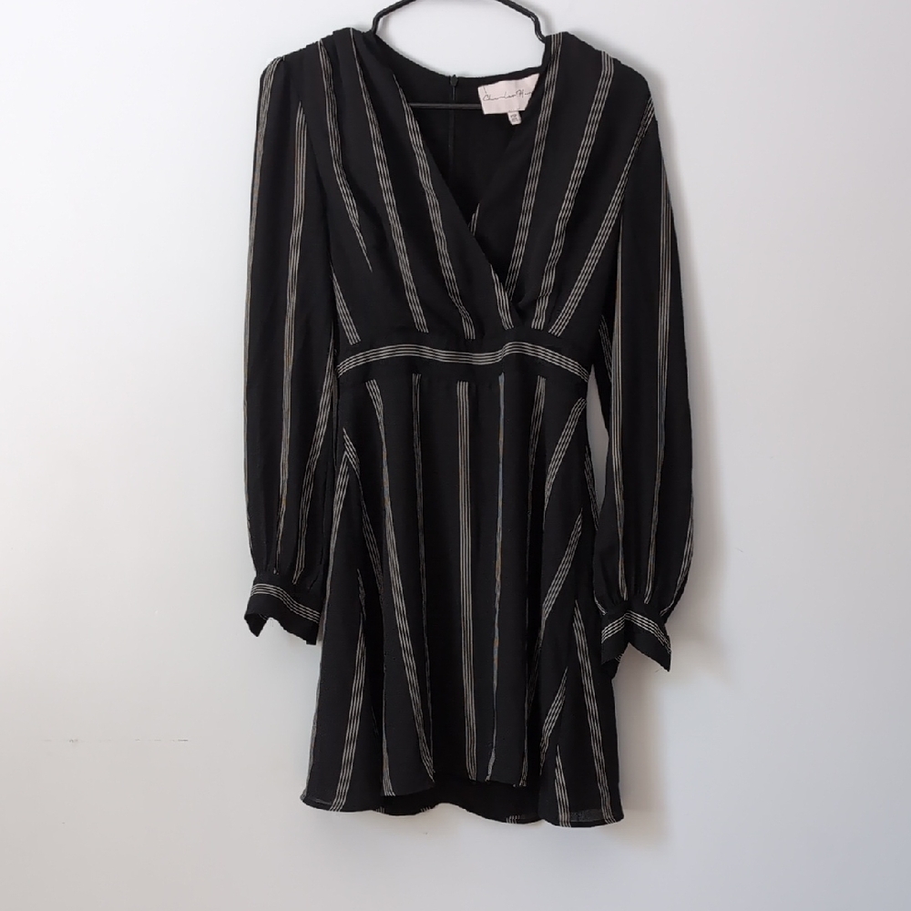 Charles Henry Black and Gray Striped Long Sleeve Dress